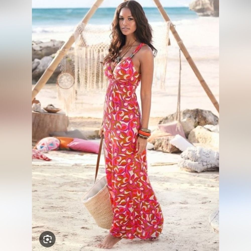 Venus Vibrant Punk Floral Jersey Knit Smocked Waist Maxi Dress Size 1X NWOT
